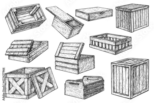 Set of isolated opened and closed wooden box