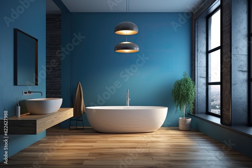 a contemporary bathroom with a bathtub on the wooden floor in a barren room interior background home designs  the bathtub in front of an empty blue wall object home decorating. Generative AI