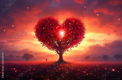 red heart tree on sunset