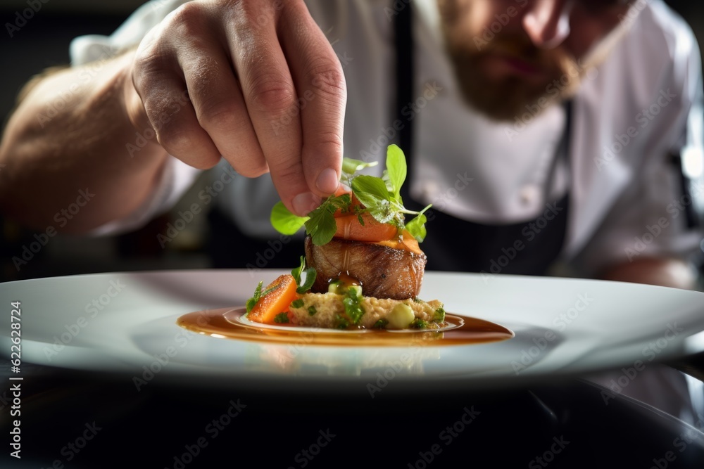 Master chef cook man hands precisely cooking dressing preparing tasty fresh delicious mouthwatering gourmet dish food on plate to customers 5-star michelin restaurant kitchen close-up detailed artwork - obrazy, fototapety, plakaty 