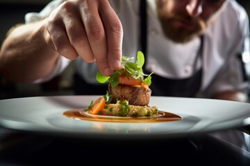 Master chef cook man hands precisely cooking dressing preparing tasty fresh delicious mouthwatering gourmet dish food on plate to customers 5-star michelin restaurant kitchen close-up detailed artwork