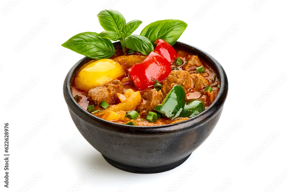 Hungarian goulash, pork stew, isolated on white background. Hungarian goulash, pork stew, isolated on white background.