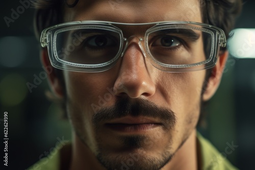 Focused worker man portret technological industrial complex factory production line workers face safety measures eyewear manufacturing mechanical scientific close-up employee enthusiasm concentration