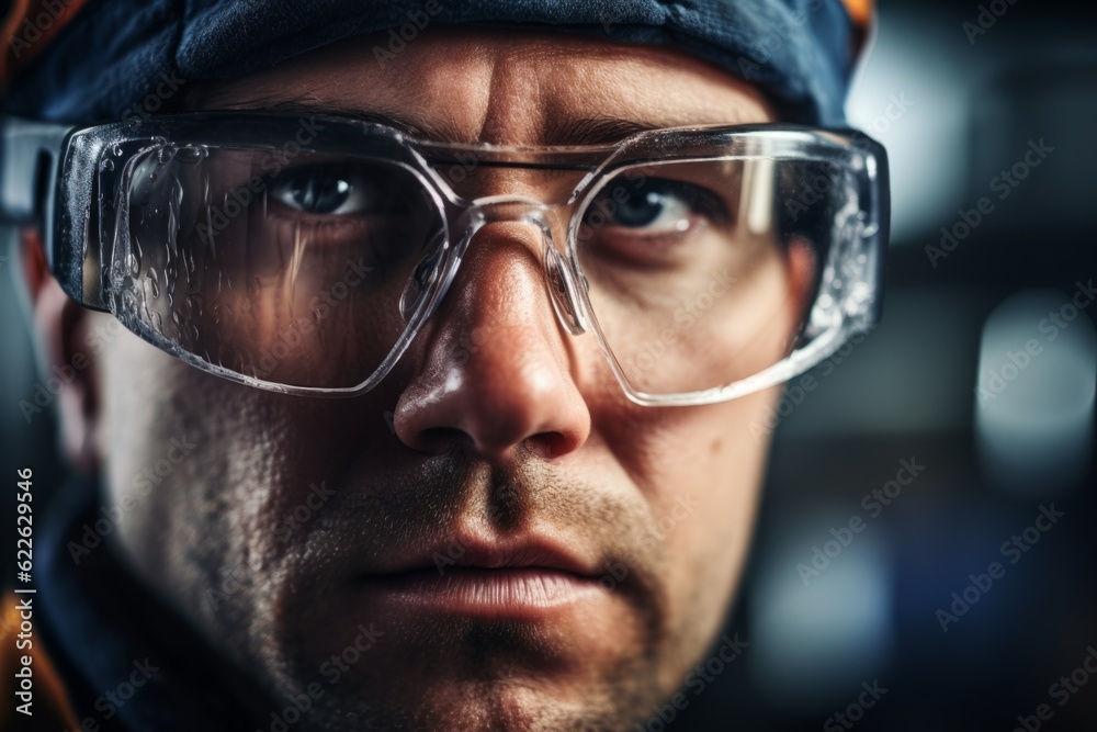 Focused worker man portret technological industrial complex factory production line workers face safety measures eyewear manufacturing mechanical scientific close-up employee enthusiasm concentration Focused worker man portret technological industrial complex factory production line workers face safety measures eyewear manufacturing mechanical scientific close-up employee enthusiasm concentration