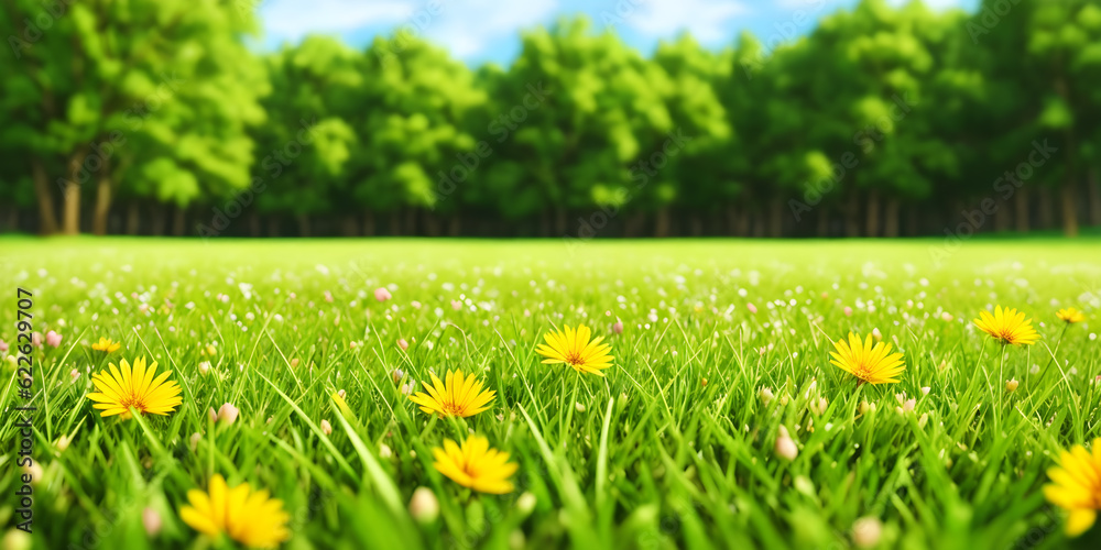 Spring landscape, blossoming field with green grass and yellow flowers, forest, blue sky with clouds. Nature illustration. Generative AI