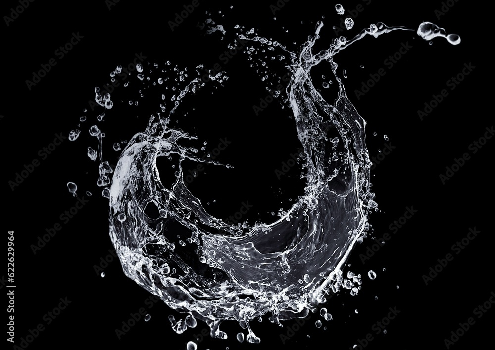 黒背景に飛び散る抽象的な水しぶきの3dイラスト