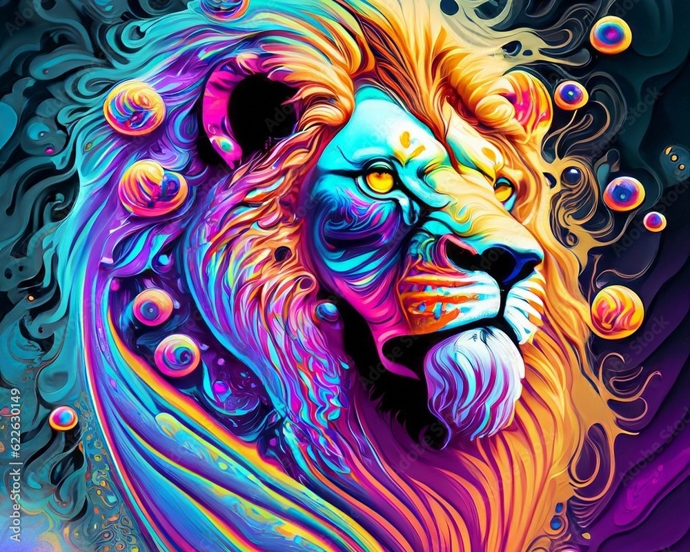 Swirling colors with bubbles and droplets forming the image of a lion Generative AI