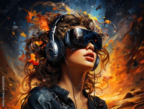 Woman wearing a VR headset, futuristic virtual world, digital art illustration and colorful. Generative AI