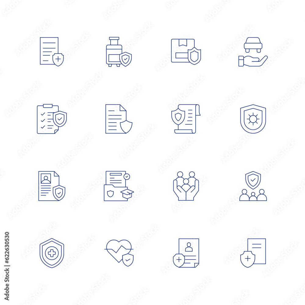 Insurance line icon set on transparent background with editable stroke. Containing accident, baggage, box, car, clipboard, confidential document, contract, coronavirus, document, education, family.