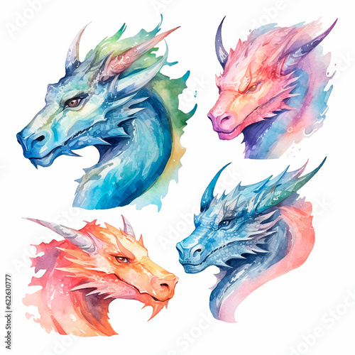 dragon head set watercolor on a white background created with Generative Ai © Andrii Yablonskyi