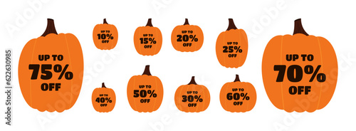 Halloween discount labels. Discount label for Halloween sale promotion decorated with pumpkins, skulls, tombstones, coffins, vampires and haunted houses. Vector with transparent background.