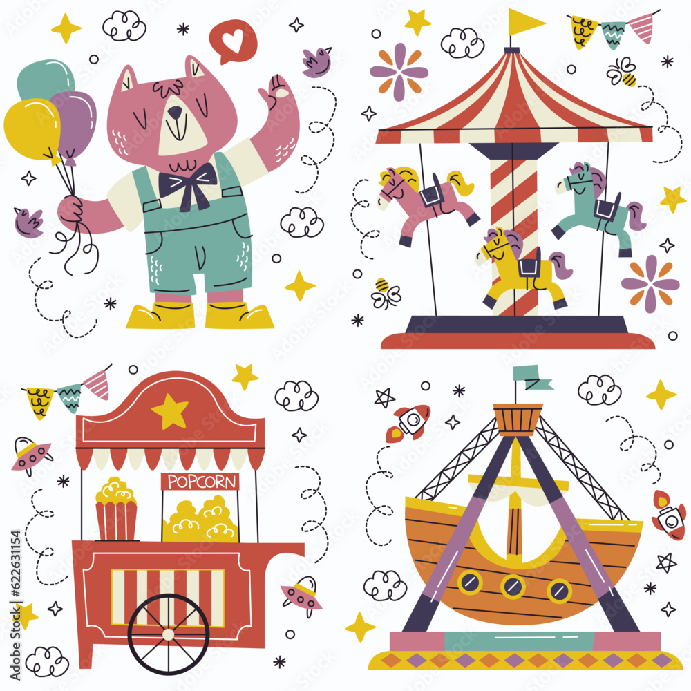Doodle Amusement Park Stickers Set Vector Illustration.