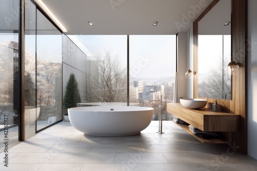a bathtub in the centre of the space, in front of a sizable window. Generative AI © Vusal