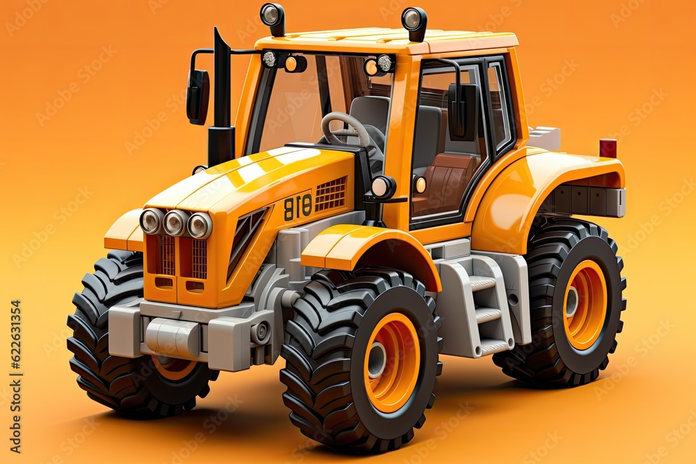 3d illustration tractor, mining machine in orange background
