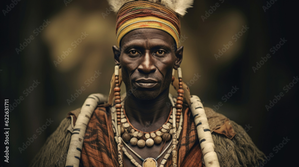 A proud African man's portrait showcases the rich cultural heritage and diversity of the African continent, encapsulating the spirit of its people. AI generated