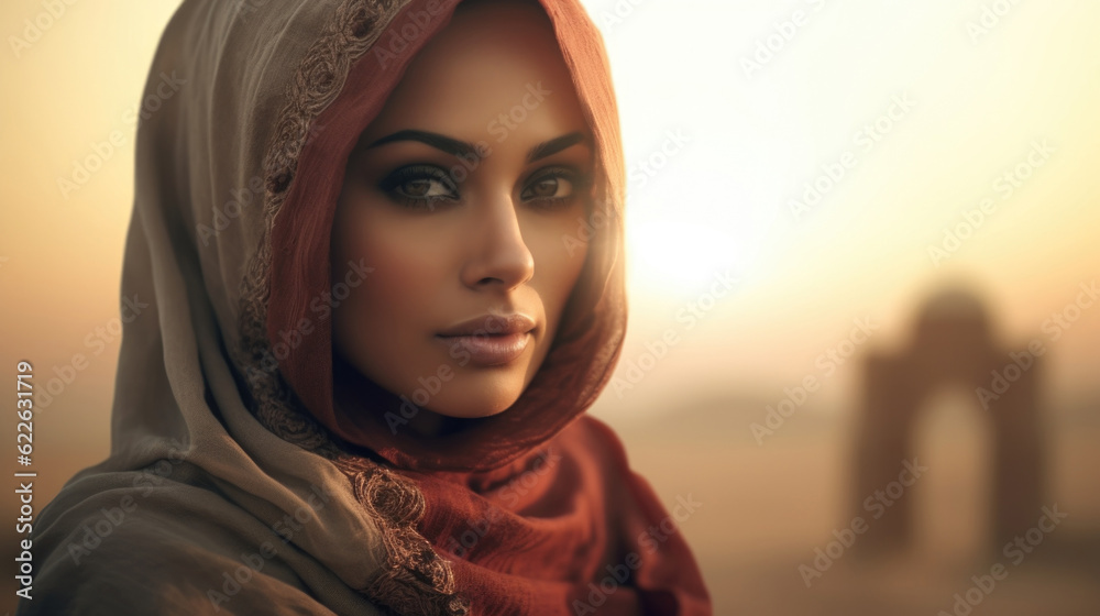 A stunning portrait of an Emirati woman against the backdrop of the desert landscape, showcasing the rich cultural tapestry of the Arab world. AI generated A stunning portrait of an Emirati woman against the backdrop of the desert landscape, showcasing the rich cultural tapestry of the Arab world. AI generated