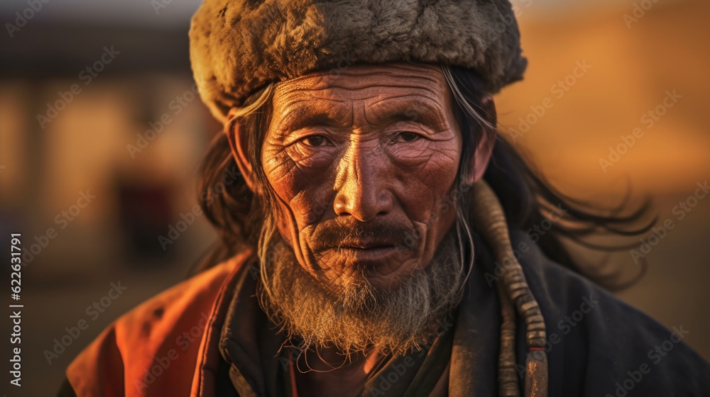 Portrait of a Mongolian indigenous man in Mongolia against the background. AI generated