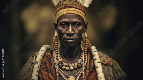 A proud African man s portrait showcases the rich cultural heritage and diversity of the African continent  encapsulating the spirit of its people. AI generated