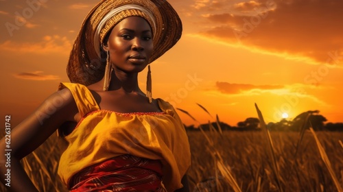Portrait of an African woman in Africa. in the field of wheat AI generated