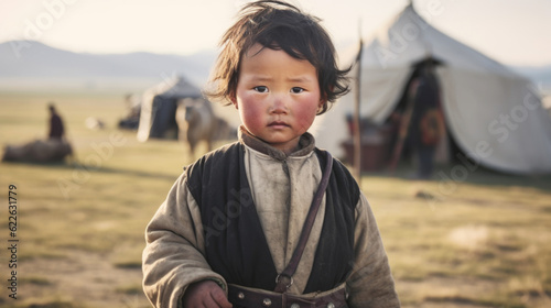 Portrait of a Mongolian child in the mountains of Mongolia against the background of a settlement. Little Boy AI generated
