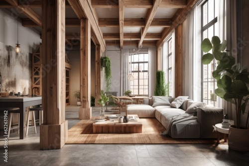 A chic modern studio apartment with wooden columns in the loft style, brick, marble, and wood decorations, chic furniture, and white walls. Generative AI