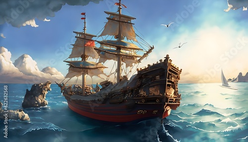 ship in the sea, nakama and the ship,AI generated photo
