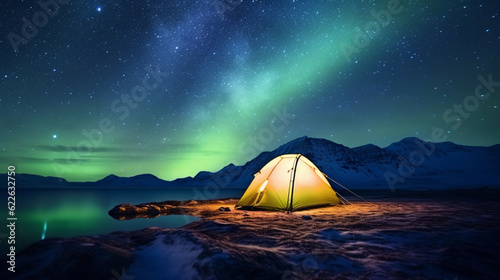 Tourist tent at night with aurora borealis and starry sky.Concept of adventure travel,mountain climbing. Nature tourism concept with tent. 