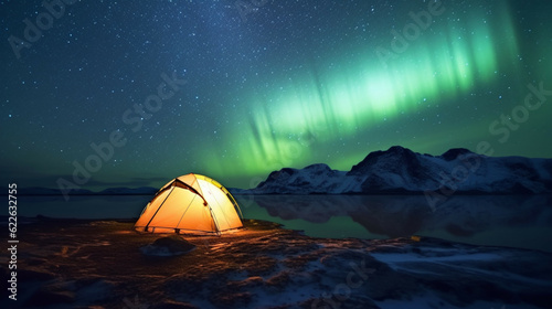 Aurora borealis with tent on the shore of lake at night.Concept of adventure travel,mountain climbing. Nature tourism concept with tent. 