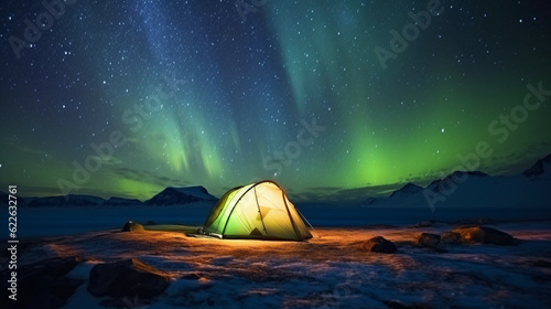 Aurora borealis over a tent in the arctic landscape.Concept of adventure travel,mountain climbing. Nature tourism concept with tent. 