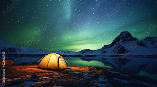 Tourist tent at night with beautiful aurora borealis and mountains in the background.Concept of adventure travel,mountain climbing. Nature tourism concept with tent. 