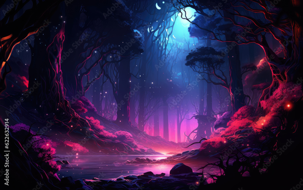 Digital painting that depicts a forest with atomic elements AI Generative
