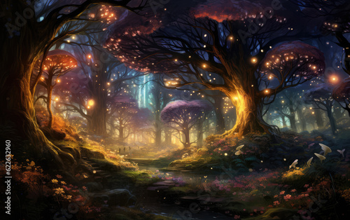 Digital painting that depicts a forest with atomic elements AI Generative