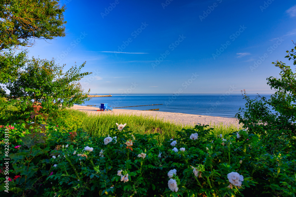 Beautiful scenery on the summer beach at Baltic Sea in Ustka, Poland.