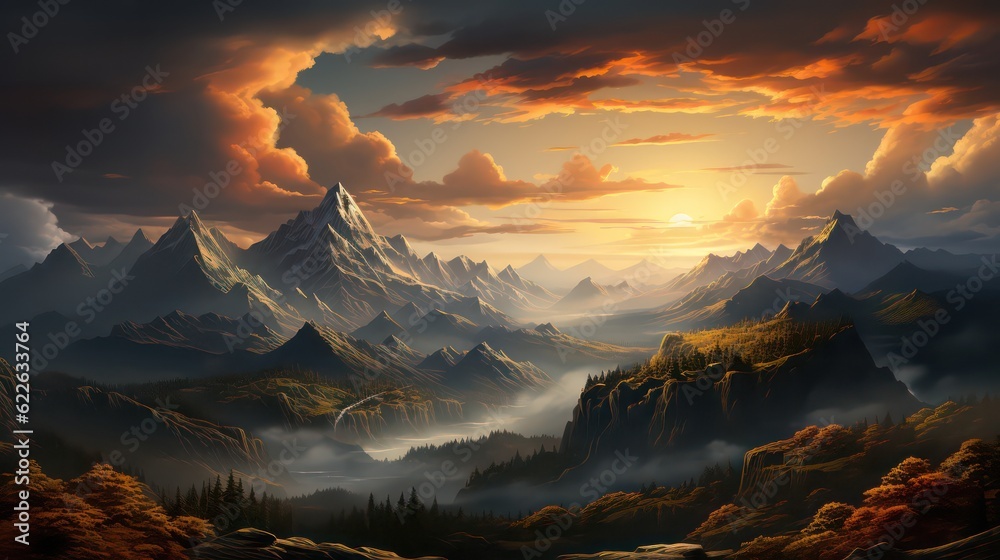 Golden Moments Mountains Bathed in Warm Sunlight During Sunrise or Sunset