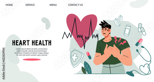 Heart diseases and cardiology website banner template, flat vector illustration. Heart diseases diagnosis and healthcare concept for web page.