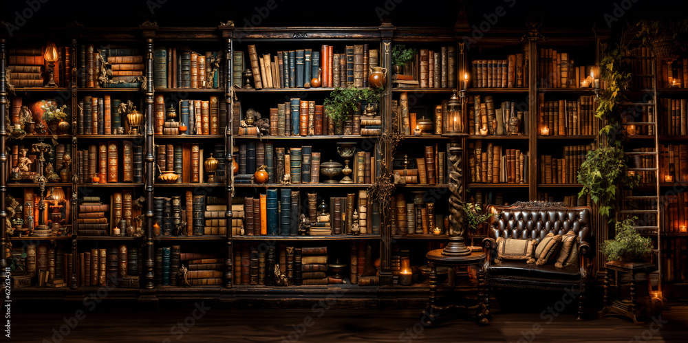 Library full of old books. Generative AI image.