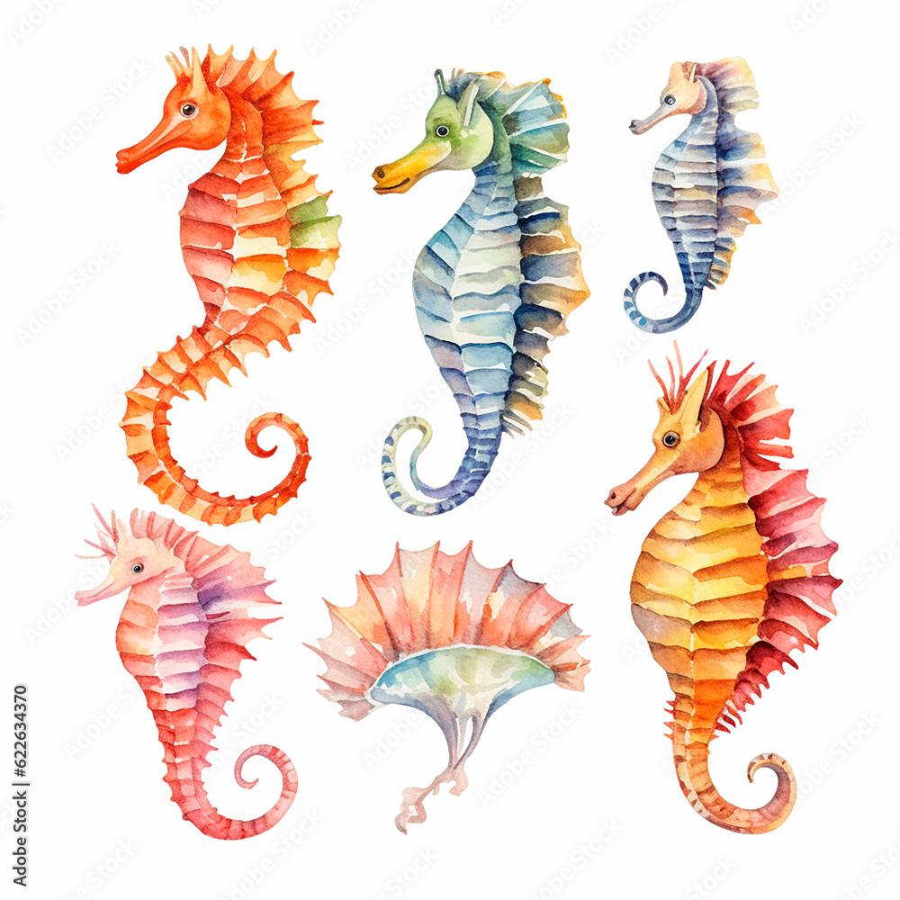 Fototapeta premium sea ​​Horse set watercolor on a white background created with Generative Ai