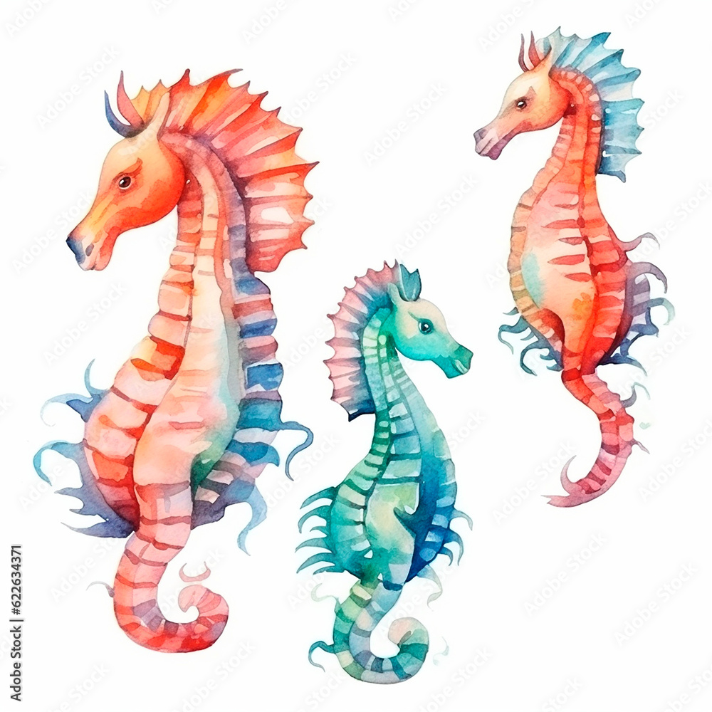 Fototapeta premium sea ​​Horse set watercolor on a white background created with Generative Ai