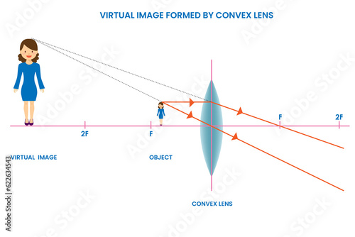 Convex lens forms virtual image, Upright, located behind the lens, cannot be projected
