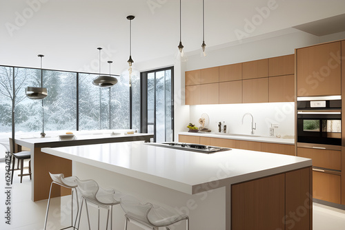 Modern trendy luxury interior design snow white kitchen in minimalist style with island and two bar stools. large floor-to-ceiling windows and glass shelves for dishes. Modern kitchen interior.