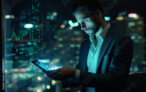 Businessman checking stock market data on tablet on night background