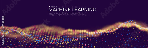 Abstract red blue and yellow particle background. Flow wave with dot landscape. Digital data structure. Future mesh or sound grid. Pattern point visualization. Technology vector illustration.