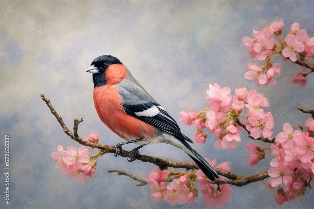 Puffy fluffy bullfinch witting on the tree with spring buds