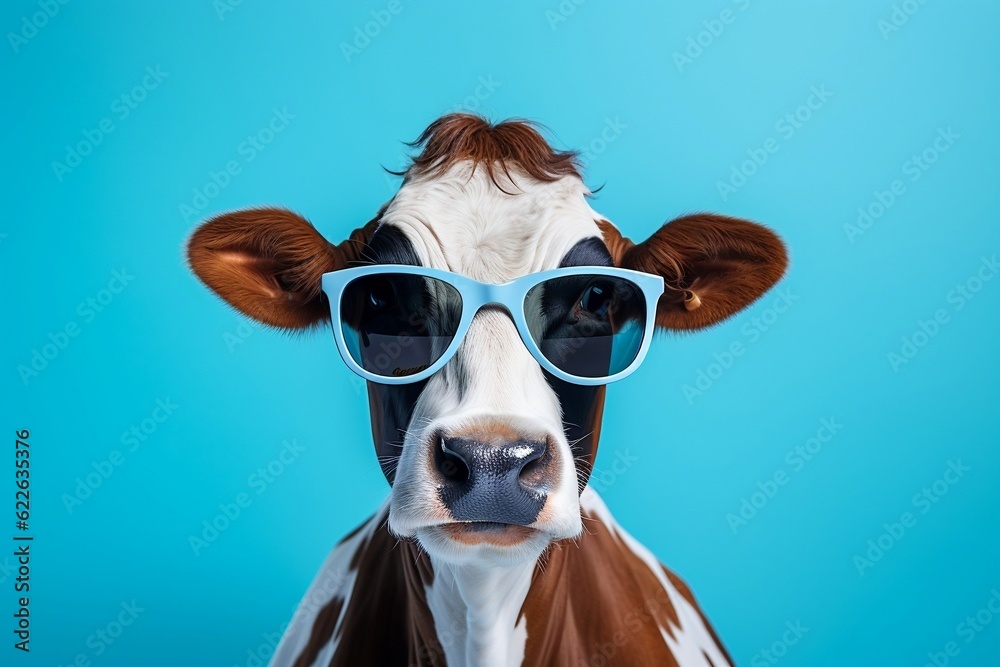 Playful Bovine Funny Cow with Sunglasses in Blue Studio. Generative AI