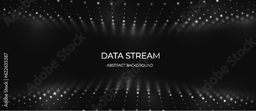 Abstract white particle background. Flow wave with dot landscape. Digital data structure. Future mesh or sound grid. Pattern point visualization.