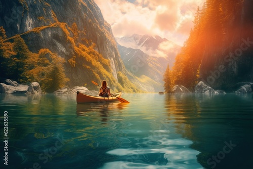 A girl paddles in a kayak on blue sunny lake © Oleksii Halutva