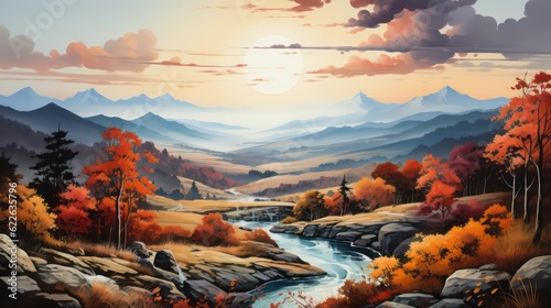 Vibrant Autumn Splendor: Mountains Adorned with Shades of Red, Orange, and Gold