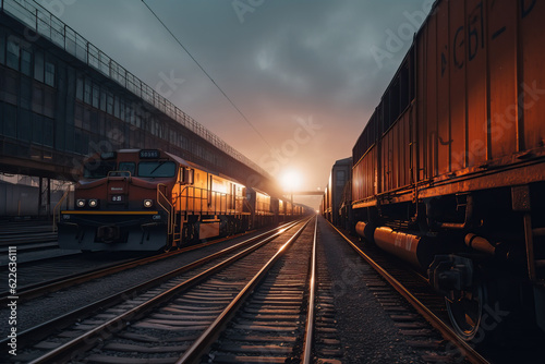 Freight train, transportation of railway cars by cargo containers shipping. Railway logistics concept