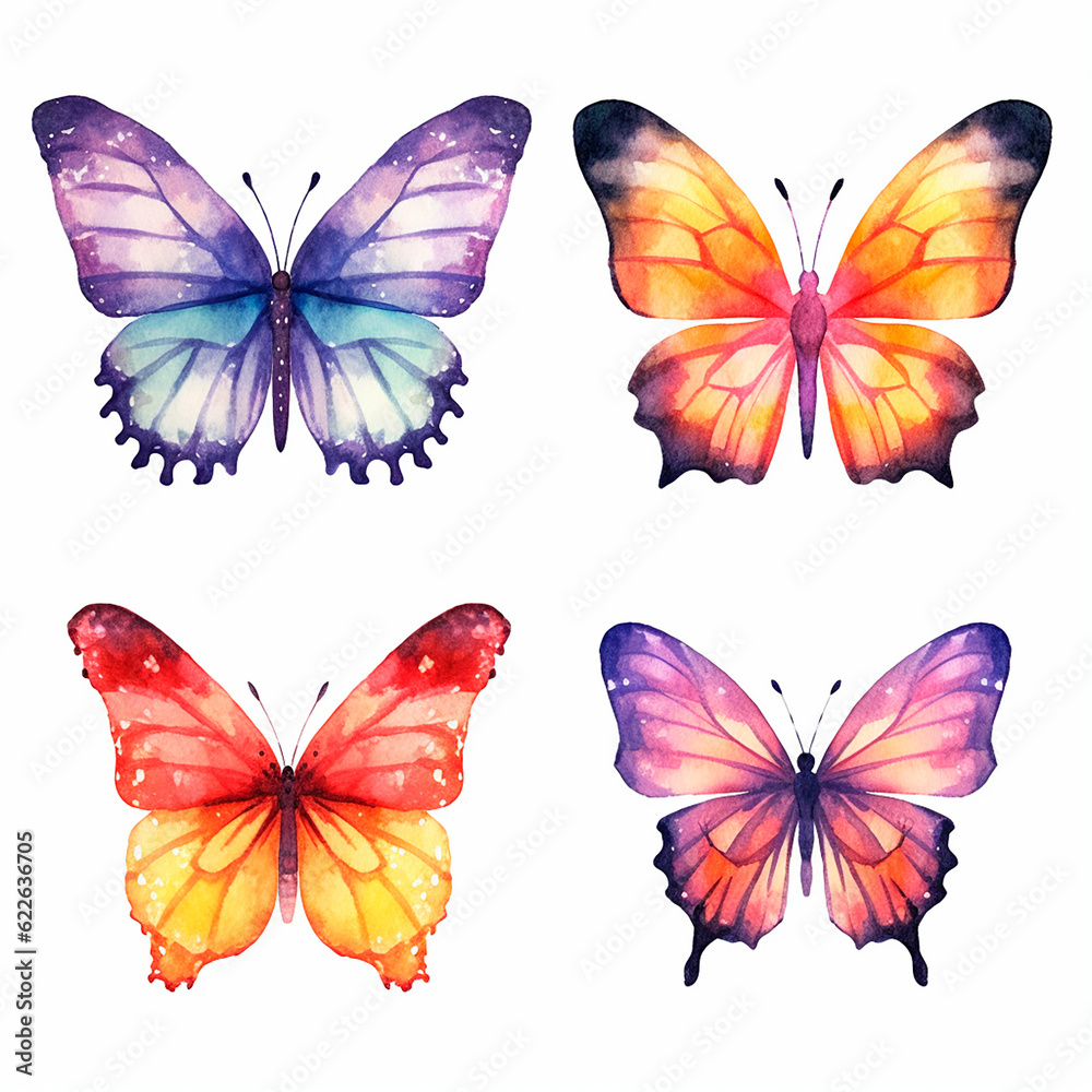 butterfly set watercolor on a white background created with Generative Ai butterfly set watercolor on a white background created with Generative Ai