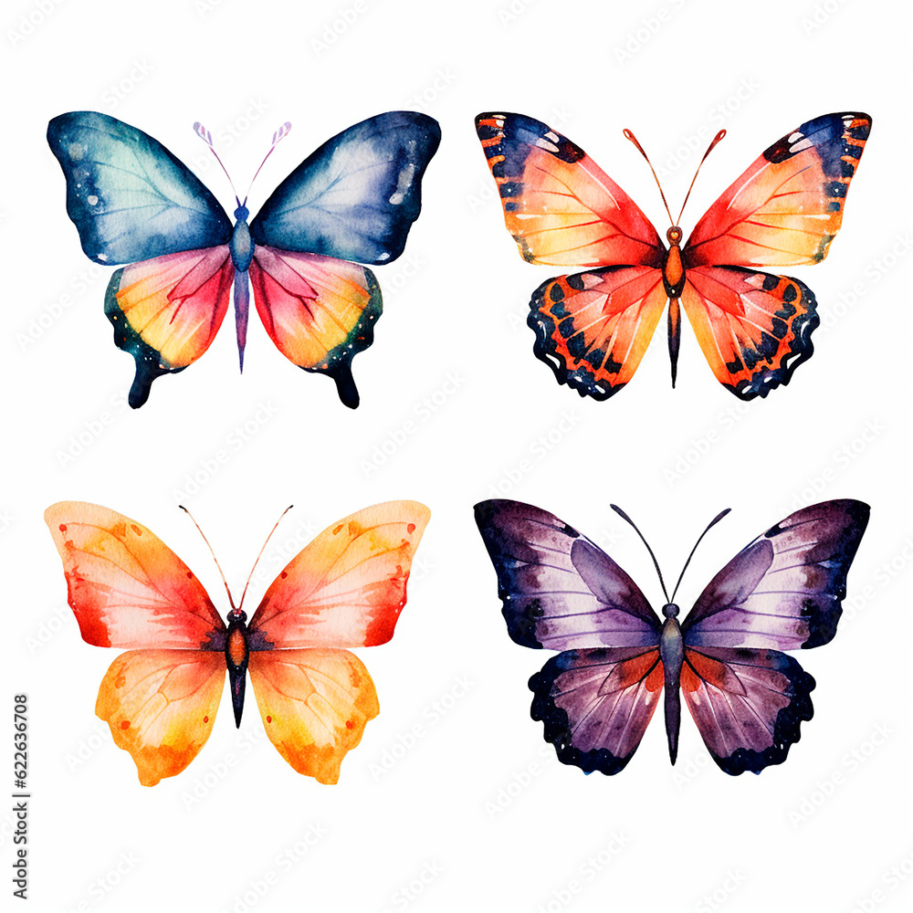 butterfly set watercolor on a white background created with Generative Ai butterfly set watercolor on a white background created with Generative Ai